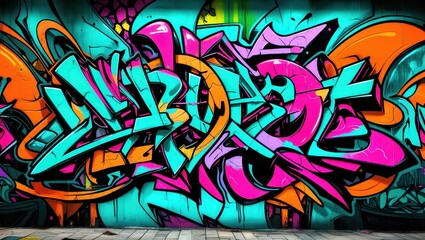 Colorful graffiti art, vibrant street mural, wildstyle lettering, neon colors, abstract urban design, spray paint texture, dynamic curves and arrows, intricate overlapping shapes, psychedelic color pa