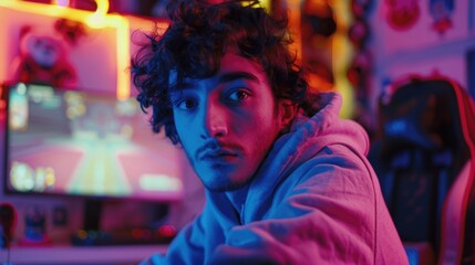 Obraz premium A young man sits in front of a television, possibly engaged in his favorite show or sports game