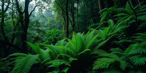Fototapeta premium Lush green trees and ferns in a dense, misty forest, peaceful, lushness