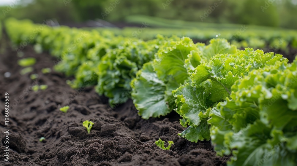 Canvas Prints Close-up of a row of freshly grown lettuce in a field. The vibrant green leaves contrast beautifully with the dark soil, creating a picturesque scene of agricultural abundance.