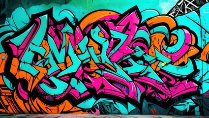 Obraz premium Colorful graffiti art, vibrant street mural, wildstyle lettering, neon colors, abstract urban design, spray paint texture, dynamic curves and arrows, intricate overlapping shapes, psychedelic color pa