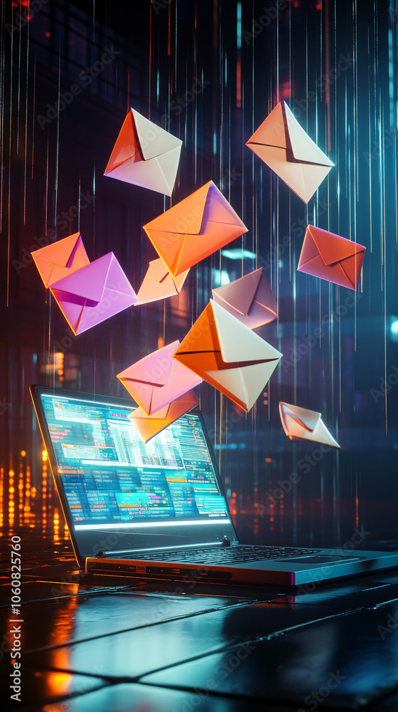 Aufkleber Cutting-edge laptop is inundated with digital mail, illustrating the idea of email marketing and communication in a high-tech age