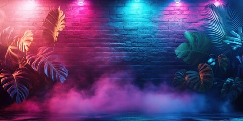 Fototapeta premium A brick wall with vibrant neon lights and lush greenery, perfect for use in modern designs, nightlife scenes, or futuristic concepts