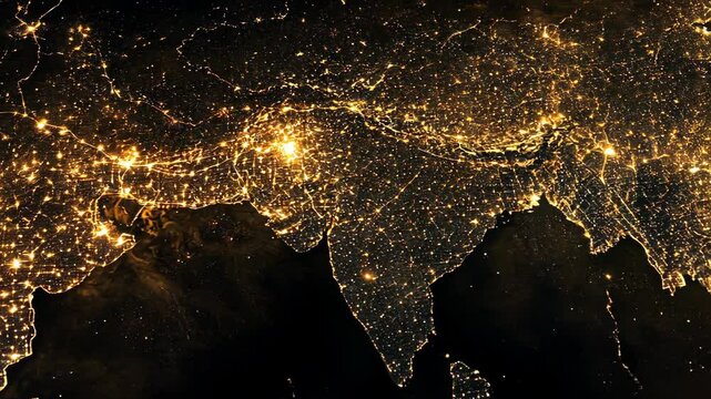 A satellite view of South Asia at night, showcasing the densely populated cities illuminated by artificial lights