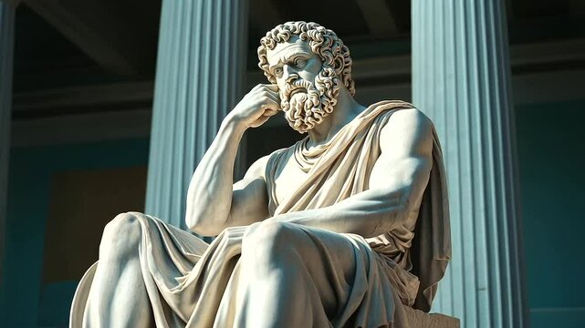 An intricately crafted statue of Socrates, with his furrowed brow and thoughtful expression, capturing the depth of his philosophical inquiry, his robes meticulously sculpted to re