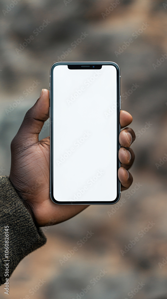 Poster man confidently showcasing a blank smartphone on a white background, ideal for custom digital conten