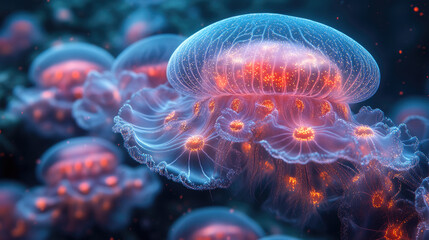 Fototapeta premium Colorful jellyfish with glowing bodies drift through the dark ocean depths, illuminating the water with their beautiful bioluminescence