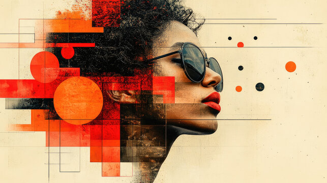 A woman with curly hair and bold red lips gazes sideways, framed by a colorful abstract design featuring geometric shapes and patterns