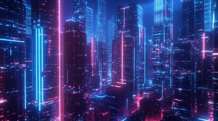 Fototapeta premium Neon Cityscape: A Digital Metropolis Under a Dark Sky