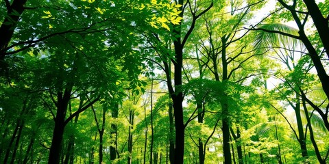Lush green forest with sunlight filtering through the canopy creating a tranquil and vibrant nature wallpaper, trees, forest