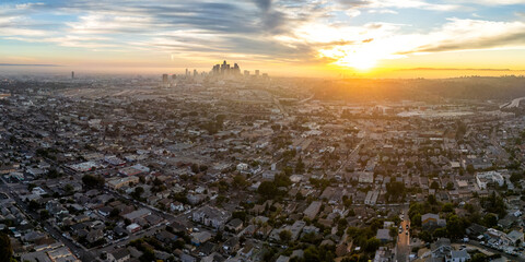 Los Angeles skyline aerial view photo downtown at sunset panorama in California United States