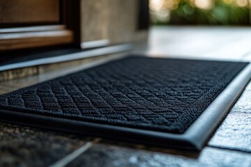 A simple black door mat on a white tiled floor