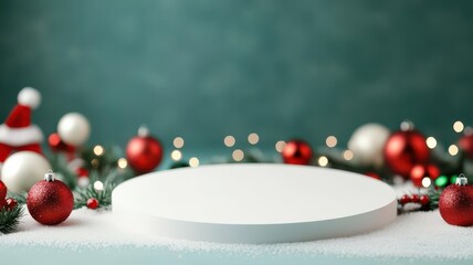 A blank podium on a snowy surface, decorated with red and green holiday elements and twinkling Christmas lights
