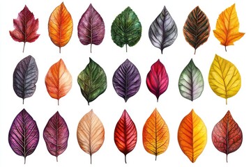 A collection of colorful leaves against a white background