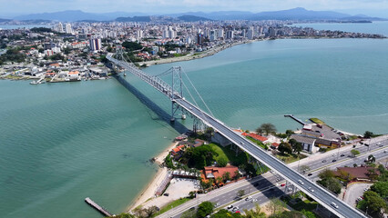 Naklejka premium Landmark Bridge At Florianopolis In Santa Catarina Brazil. Coast City. Downtown District. Cityscape Scenery. Landmark Bridge At Florianopolis In Santa Catarina Brazil. Landmark Bridge.