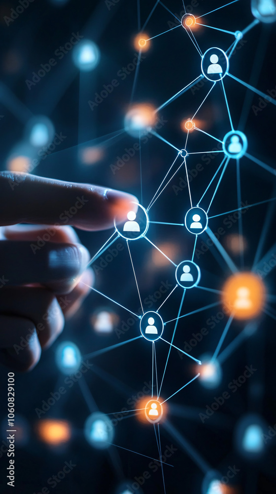 Poster businessman uses a digital network to illustrate global communication and networking, highlighting c
