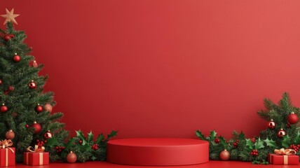 A blank red podium adorned with holly and surrounded by Christmas tree decorations, ideal for festive mockup designs