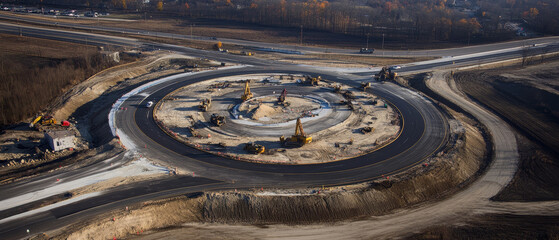 Aerial view of highway intersection featuring roundabout under construction, showcasing machinery and earthworks in rural setting