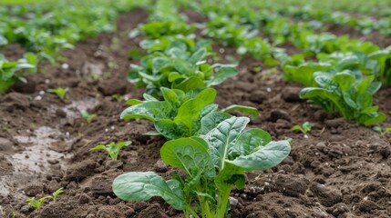 A close-up shot of a row of vibrant green spinach plants growing in rich, dark soil. The leaves are lush and healthy, promising a bountiful harvest.