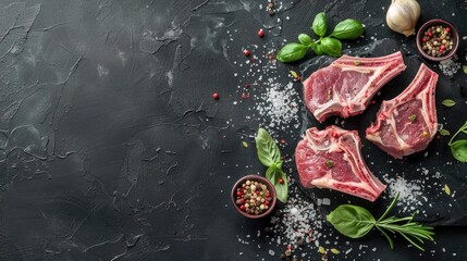 Top view of raw lamb chops with seasonings on kitchen table. Black background.