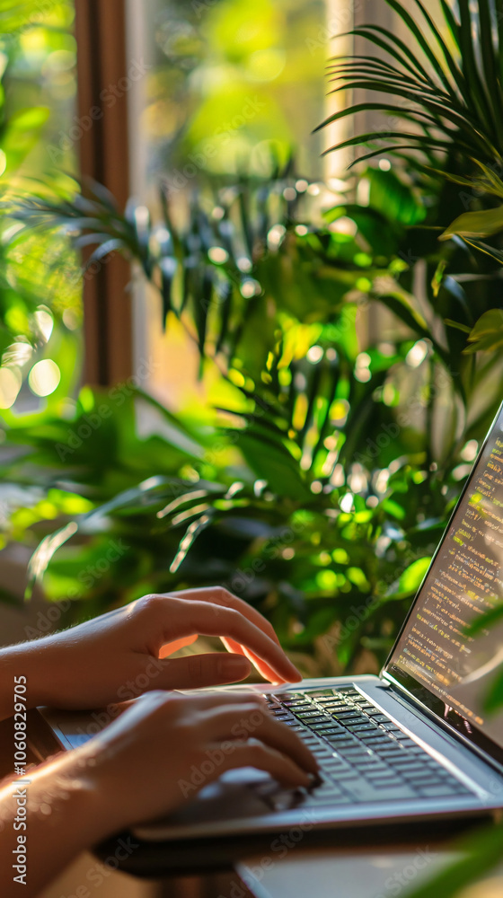 Fototapete programmer coding on laptop in a sunny home office with plants near the window