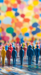 Blurry background of a crowd of vibrant figurine people listening to a presentation