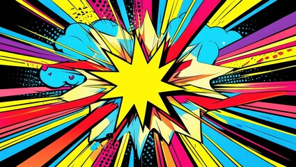 Fototapeta premium Comic book explosion, vibrant starburst, pop art style, bright yellow star, radiating lines, dynamic composition, red and blue color scheme, retro comic book effect, action-packed illustration, bold g