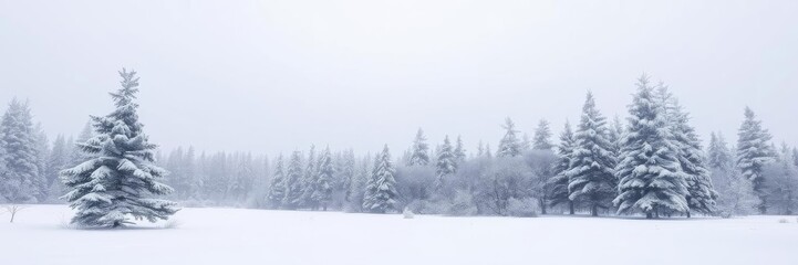 Snow-covered pine trees in a serene winter forest setting, seasonal, forest