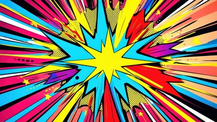 Fototapeta premium Comic book explosion, vibrant starburst, pop art style, bright yellow star, radiating lines, dynamic composition, red and blue color scheme, retro comic book effect, action-packed illustration, bold g