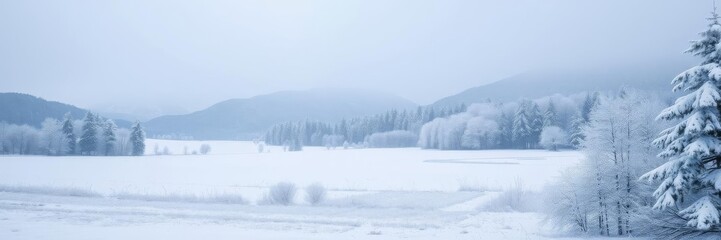Obraz premium Snowy winter landscape with snow-covered trees, fields, and mountains in the background, white, outdoors