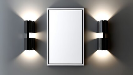 Modern interior, minimalist design, gray walls, white ceiling, rectangular white frame, vertical wall sconces, symmetrical lighting, empty display, art gallery aesthetic, sleek architecture, shadow pl