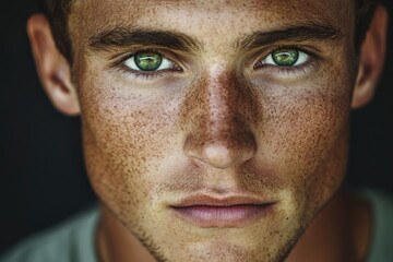 Obraz premium Close-up photo of a person with distinctive freckles on their face, great for use in editorial or commercial contexts where a unique facial feature is needed