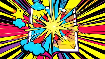 Fototapeta premium Comic book explosion, vibrant starburst, pop art style, bright yellow star, radiating lines, dynamic composition, red and blue color scheme, retro comic book effect, action-packed illustration, bold g