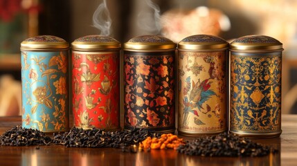 Selection of exotic teas in decorative tins. Elegant and varied tea collection.