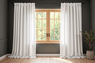 White curtains mockup in a modern, minimalist interior setting