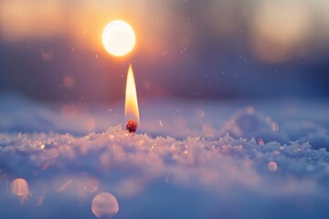A solitary candle burning bright in a snowy environment