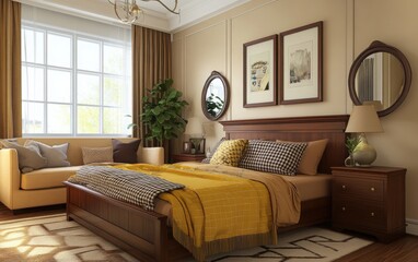 Fototapeta premium Elegant beige and brown bedroom with a wooden bed, vintage lamp, and a checkered yellow blanket on the sofa.