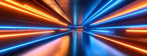 Futuristic Tunnel with Blue and Orange Neon Lines on Dark Metal. AI generated illustration