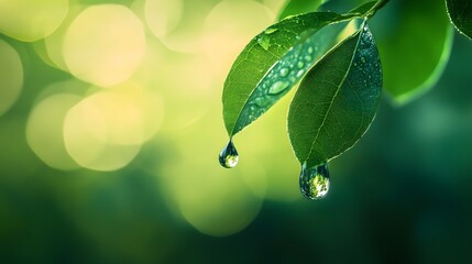 A single water drop hanging from the tip of a green leaf