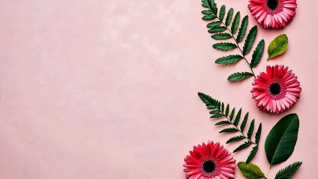 Pink gerbera daisies and green leaves are arranged on a pink background