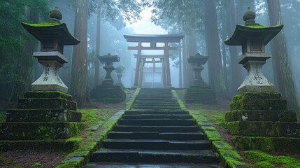 Obraz premium Mystical Shrine in the Misty Forest