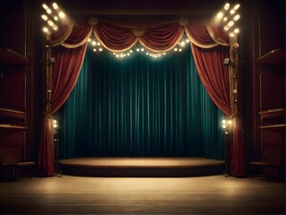 Fototapeta premium An empty theater stage with elegant red curtains and stairs