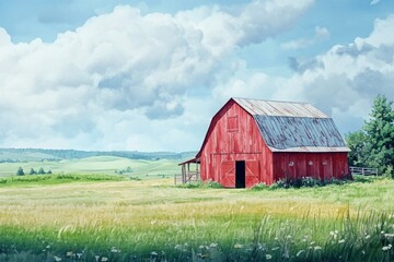 Obraz premium A classic rural scene with a red barn surrounded by a green field