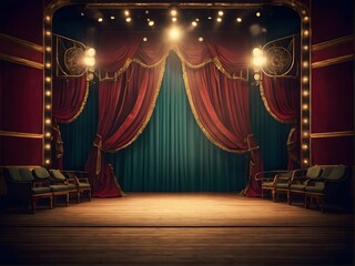 An empty theater stage with elegant red curtains and stairs