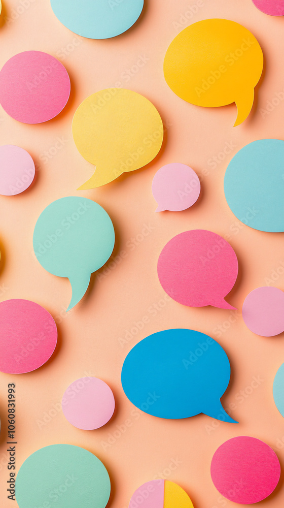 Poster colorful speech bubbles are laying on an orange background, forming a text messaging concept