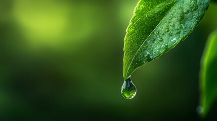 A single water drop hanging from the tip of a green leaf