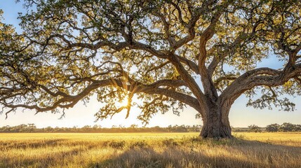 Obraz premium A large, majestic oak tree stands tall in a field of golden grass, bathed in the warm light of the setting sun.
