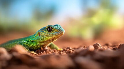 Lizard eye close-up, vibrant green scales, soft desert background, high detail