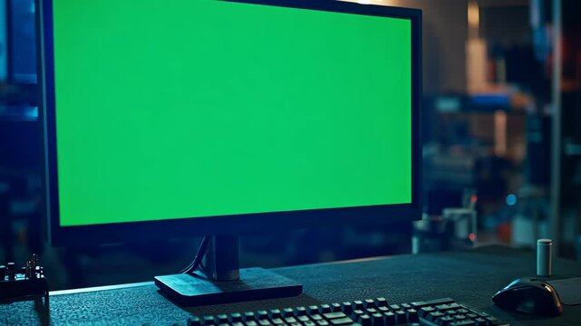 A green screen computer monitor sits on a desk with a keyboard and mouse in a dark room