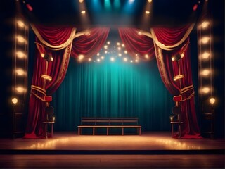 An empty theater stage with elegant red curtains and stairs